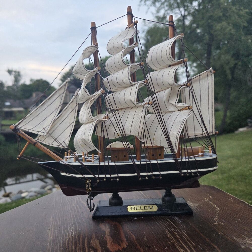 VTG Belem Sailboat Model Wood Cloth Sails Black White Desktop Display